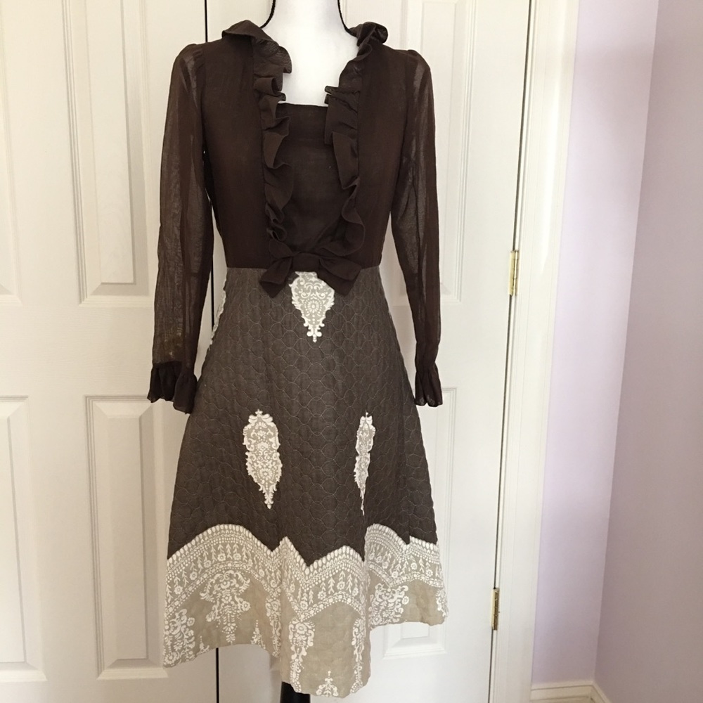 Victorian vintage ruffle bow quilt brown dress